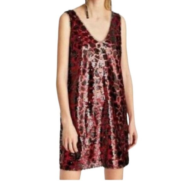 ZARA Dress Leopard Sequin Minidress Red/Black Size Small Low Back - Picture 1 of 16